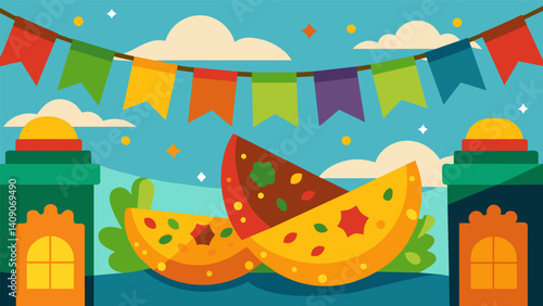 Colorful papel picado flags hung above the bustling market where the tantalizing scent of sizzling al pastor tacos wafted through the air.. Vector illustration