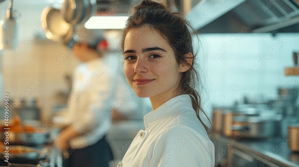 Focused young chef stands confidently in a busy kitchen, showcasing passion for culinary arts and professionalism in a vibrant cooking environment Focused young chef stands confidently in a busy kitchen, showcasing passion for culinary arts and professionalism in a vibrant cooking environment