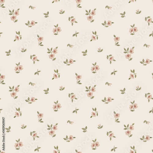 Flower print, seamless floral pattern, cute ditsy tile print, gentle flowers pattern. Botanical surface design, small hand drawn flowers, green leaves, bouquets on light background, floral Vector