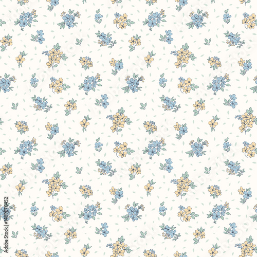 Flower print, seamless floral pattern, cute ditsy tile print, gentle flowers pattern. Botanical surface design, small hand drawn flowers, green leaves, bouquets on light background, floral Vector
