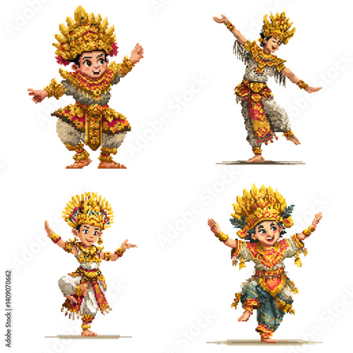 Charming pixel art of traditional Balinese dancers in colorful ceremonial costumes, perfect for cultural themes, Indonesian heritage content, or ethnic festival illustrations.

