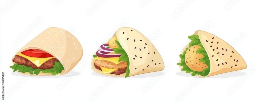 Colorful wraps containing grilled meat, shrimp, and vegetables are being served as three options