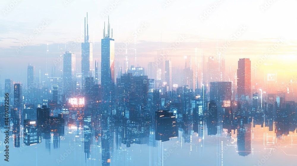 Fototapeta premium Futuristic Cityscape at Dawn: A Blend of Modern Architecture and Technological Overlay