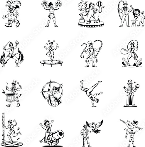 Collection of Glyph Style Carnival Characters Illustrations
