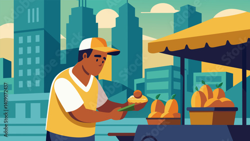 Amidst the hustle and bustle of city life a street vendor takes a moment to carefully wrap each coxinha their fingers moving deftly to secure the delicious filling inside.. Vector illustration