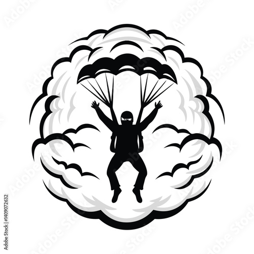 Silhouette of Skydiver with Parachute, Open Arms, Black Suit, Cloud Background