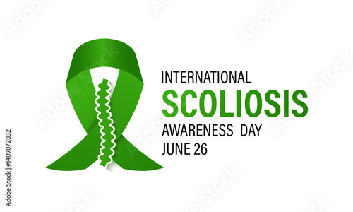 Illustration on the theme of International Scoliosis Awareness Day is on June 26th. A complex 3D spinal deformity causing abnormal curvature. Realistic ribbon with Banner poster, flyer and background.
