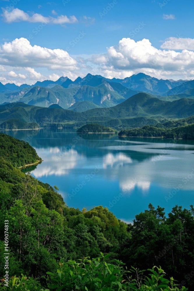 mountains and a lake surrounded by trees and clouds mountains and a lake surrounded by trees and clouds