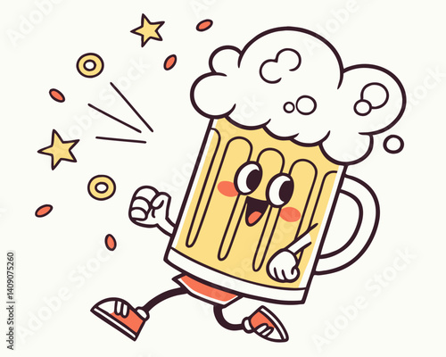 Cheerful cartoon beer mug celebrating with sparkles  