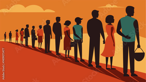 The long queue seemed to disappear into the distance a stark reminder of the magnitude of hunger and the plight of those who suffer from it.. Vector illustration