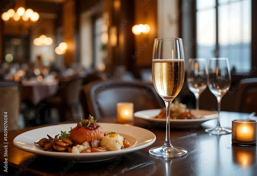 Elegant Fine Dining: Gourmet Dish with Sparkling Wine Elegant Fine Dining: Gourmet Dish with Sparkling Wine