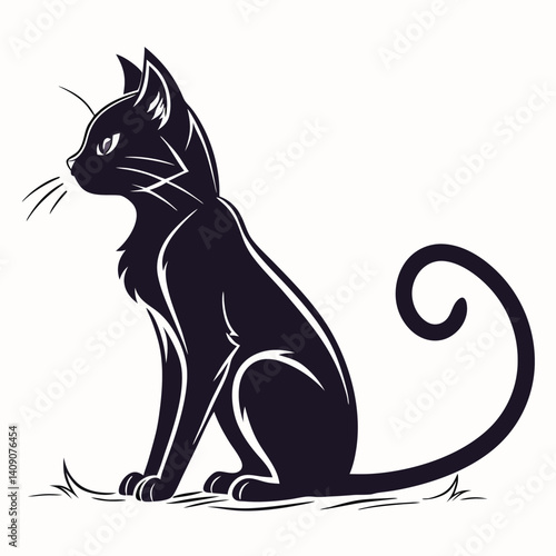 Wallpaper Mural Stylish Silhouette of a Sitting Black Cat with Curled Tail on Isolated White Torontodigital.ca