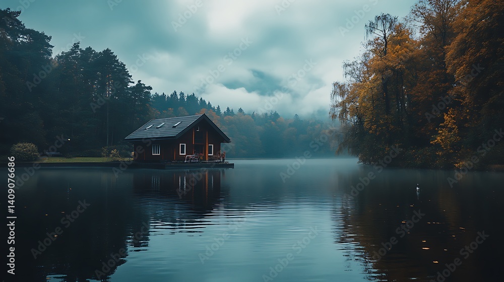 Fototapeta premium Serene Lakeside Cabin Surrounded By Autumnal Trees With Misty Water And Overcast Sky