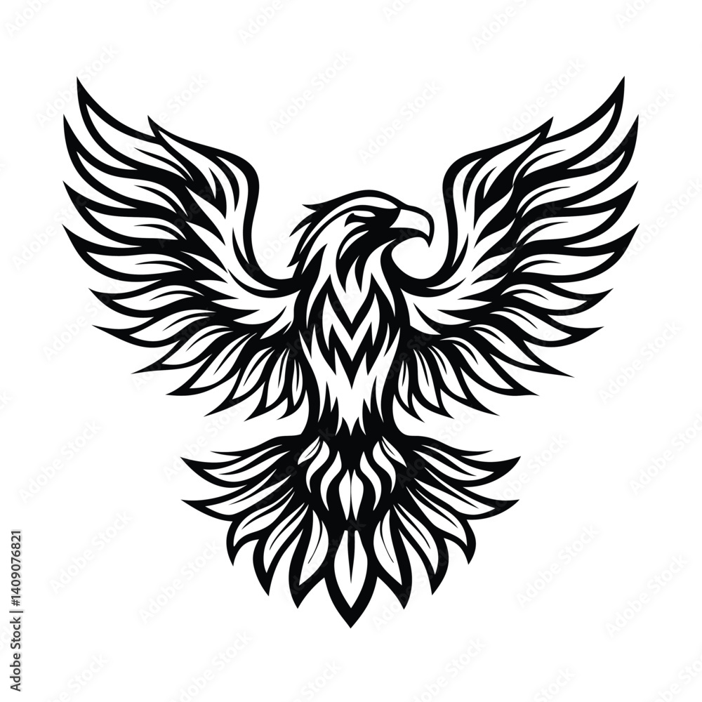 Obraz premium Stylized Bald Eagle with Wings Spread | Ornate Black and White Bird Design