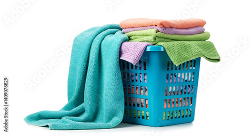 A plastic laundry basket filled with colorful folded towels, placed on a clean white background