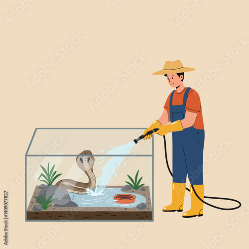 Keeper Cleaning Snake Enclosure with Water Hose