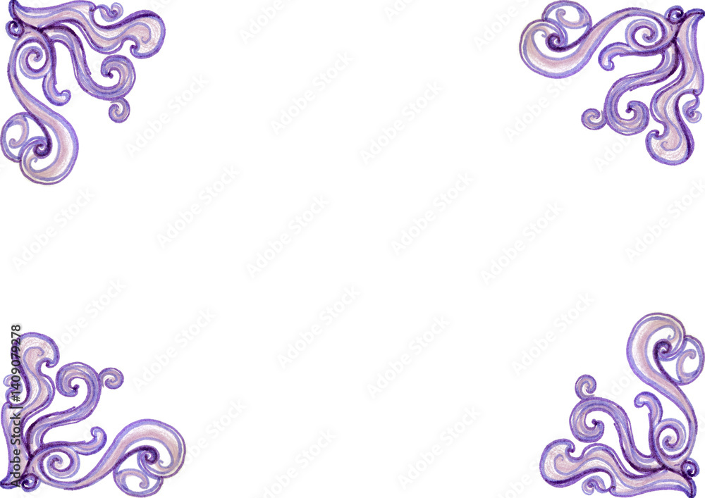 Frame. In each corner of the background there are patterns consisting of curls and rounded shapes. Different shades of dirty purple and pink. Drawing with colored pencils and markers. White copy space Frame. In each corner of the background there are patterns consisting of curls and rounded shapes. Different shades of dirty purple and pink. Drawing with colored pencils and markers. White copy space
