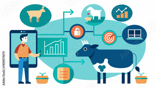 Livestock management that utilizes advanced algorithms to predict potential health issues and proactively address them.. Vector illustration