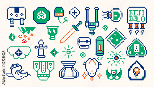 Charming pixel art game assets sprites UI elements icons and fantasy items in teal green and orange