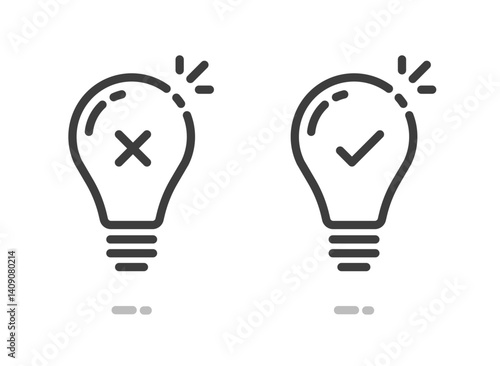 Yes no insight fact light bulb icon line stroke outline simple pictogram graphic set, wrong correct idea tip info sign symbol, turn on off electricity power check mark image clip art