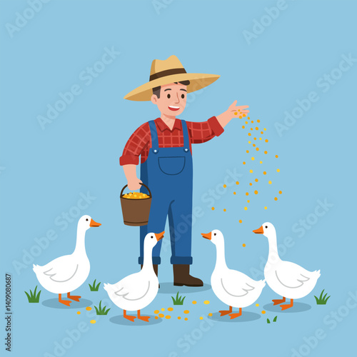 Feeding Geese a Man Scattering Food to a Group of Geese