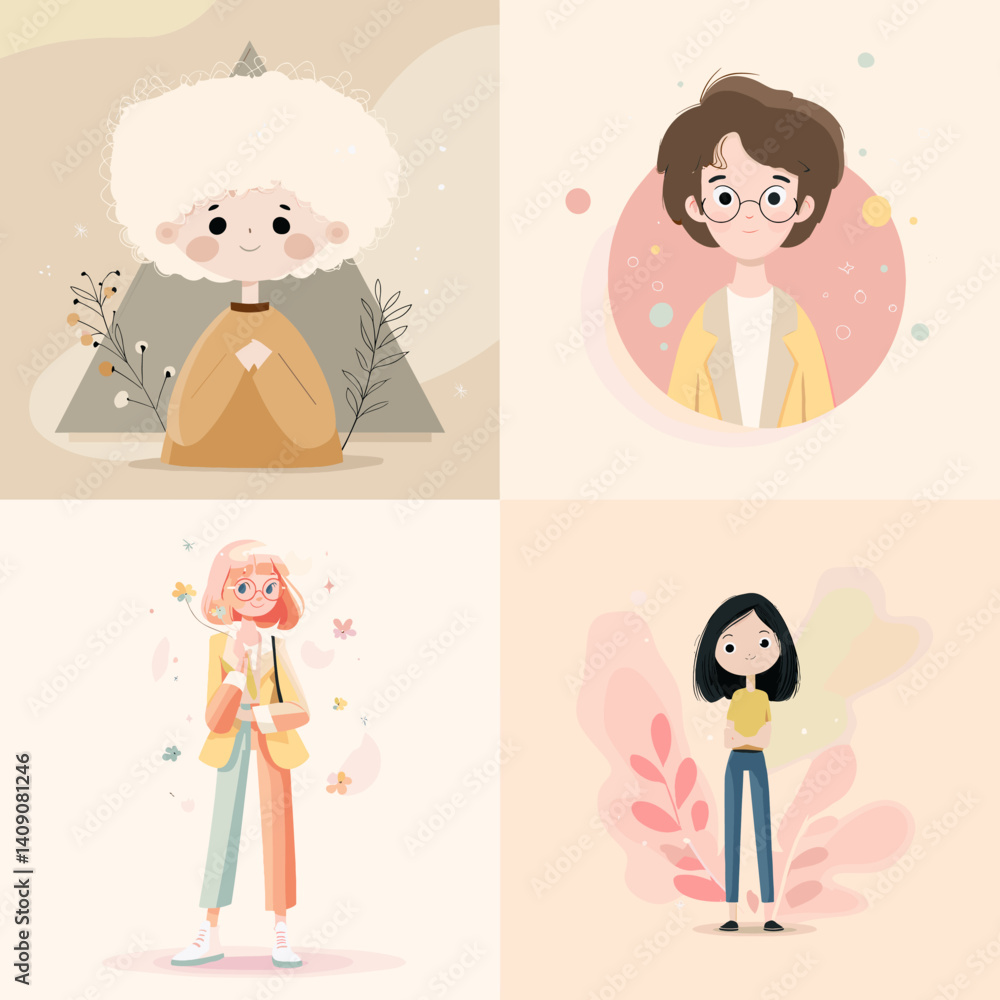 Collection of pastel cartoon character portraits in modern flat style. Ideal for avatars, children’s books, social media icons, and creative illustration projects.
Collection of pastel cartoon character portraits in modern flat style. Ideal for avatars, children’s books, social media icons, and creative illustration projects.