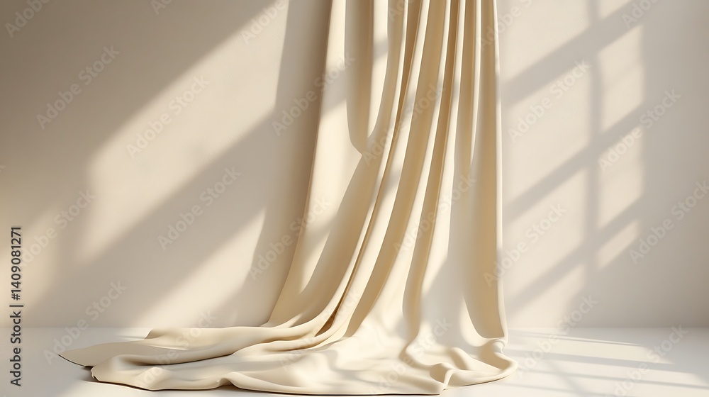 Beige fabric drapes near wall, window shadows for interior design mockup use Beige fabric drapes near wall, window shadows for interior design mockup use