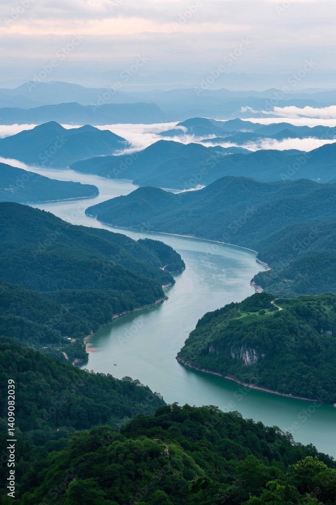 Obraz premium arafed view of a river running through a valley surrounded by mountains
