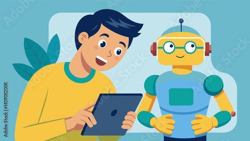 A parent watches with amazement as their child uses their tablet to code a functioning robot proud of their childs technological literacy at such a young age.. Vector illustration
