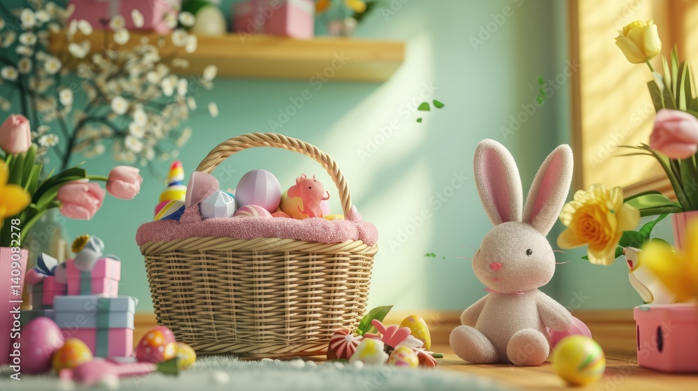 A whimsical Easter scene features a wicker basket filled with pastel eggs