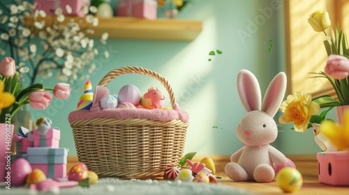 Obraz na płótnie A whimsical Easter scene features a wicker basket filled with pastel eggs w salonie