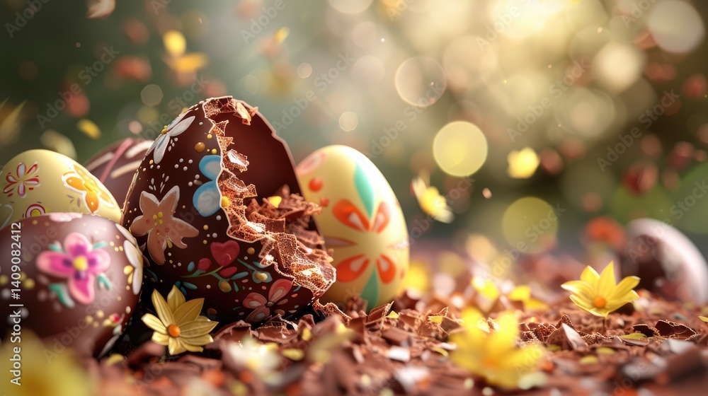 Broken and whole decorated chocolate Easter eggs surrounded by chocolate shavings and small flowers.