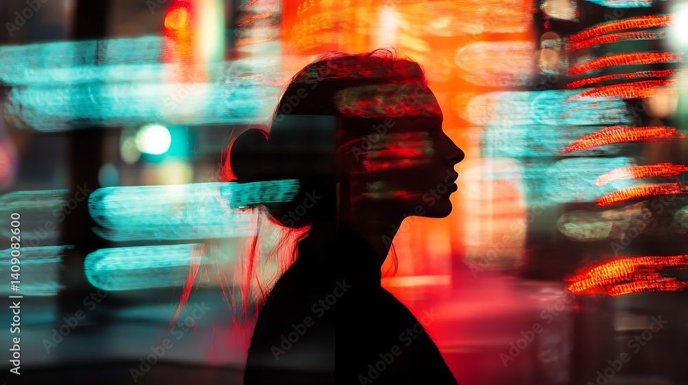 Silhouette Portrait Of A Woman In A Cityscape Night Scene With Bokeh Effects Featuring Red And Blue Hues