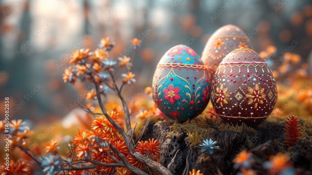 Three intricately painted Easter eggs sit on a mossy woodland stump