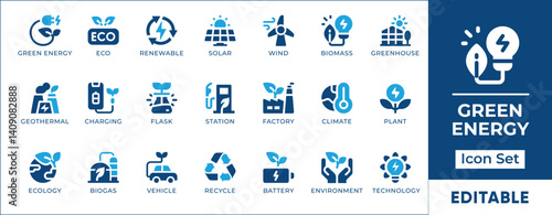 Flat minimal icon set showcasing green energy, clean power sources, and eco-friendly technology, perfect for apps, web UI, infographics, and sustainability projects.