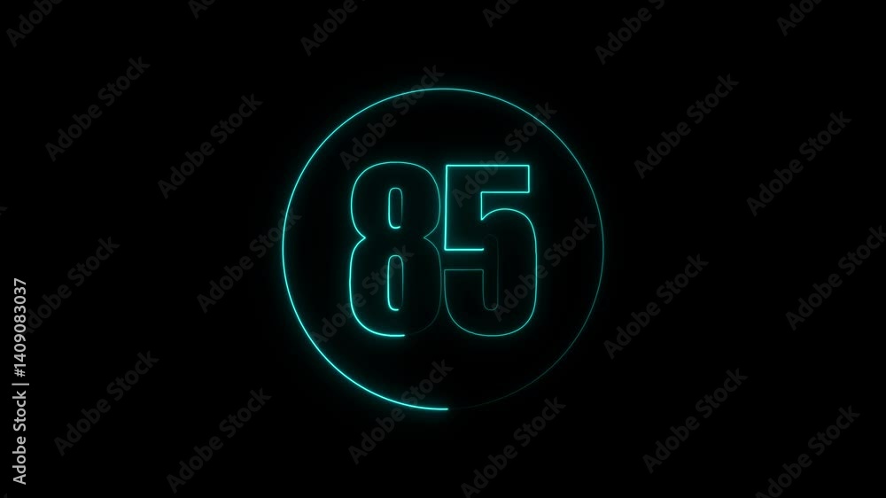 Number 85 icon animation glowing neon blue color circle sign symbol on black background Number 85 icon animation glowing neon blue color circle sign symbol on black background