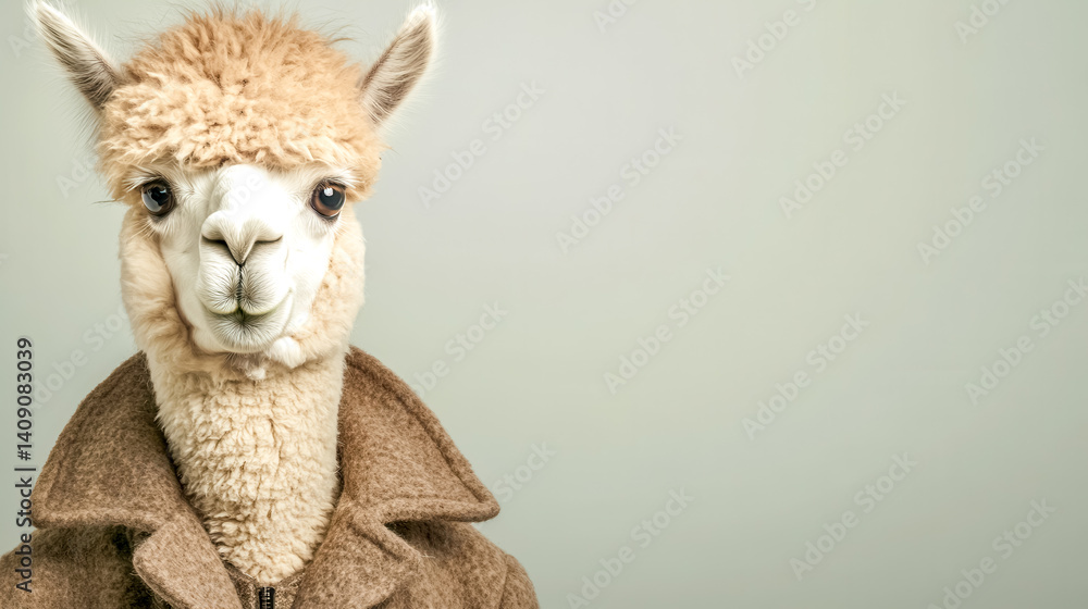 Fototapeta premium Stylish alpaca wearing contemporary brown coat