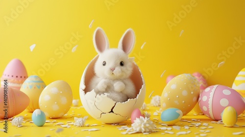 Fluffy white bunny sits inside a cracked Easter egg surrounded by colorful decorated eggs on a yellow background.