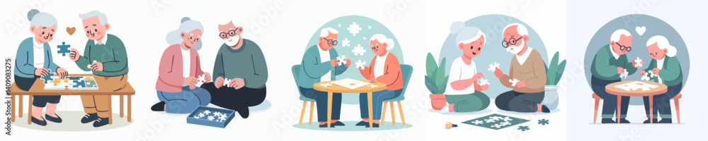 Vector collection of a grandfather and grandmother playing games at the table Vector collection of a grandfather and grandmother playing games at the table