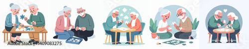 Vector collection of a grandfather and grandmother playing games at the table