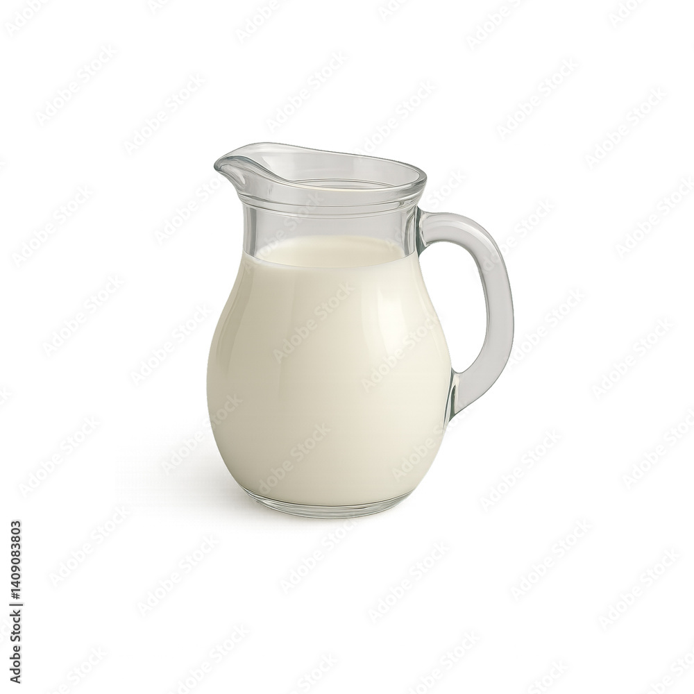 A glass pitcher filled with milk, the pitcher is clear and has a handle, isolated on a transparent background A glass pitcher filled with milk, the pitcher is clear and has a handle, isolated on a transparent background