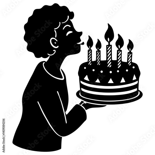 A silhouette of a person blowing out candles on a birthday cake, with a joyful expression