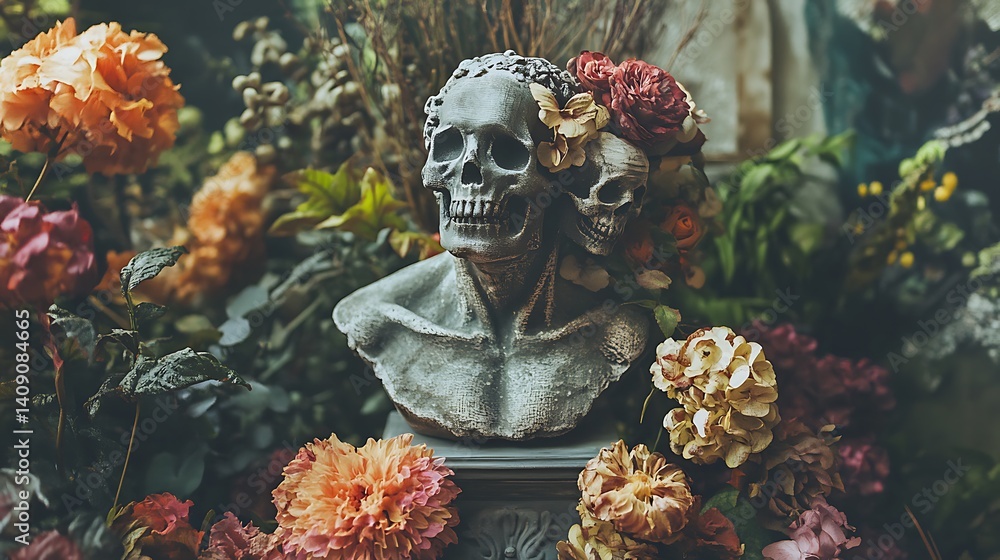 Skull Sculpture Adorned With Colorful Flowers In Dark Setting Emphasizing Gothic Decorative Aesthetics