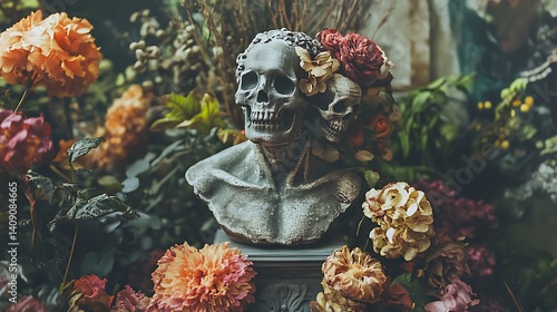 Obraz na płótnie Skull Sculpture Adorned With Colorful Flowers In Dark Setting Emphasizing Gothic Decorative Aesthetics w salonie
