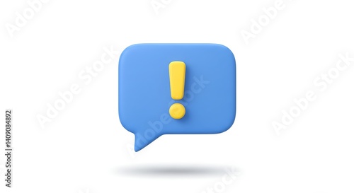 3D blue chat bubble with yellow exclamation mark icon