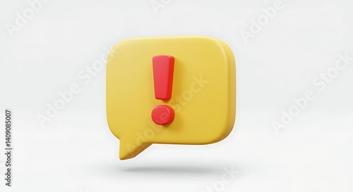 3D yellow chat bubble with red exclamation mark alert icon
