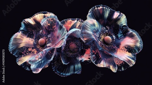 Three vibrant, abstract flowers display intricate patterns and colors against a dark backdrop, creating a captivating visual effect