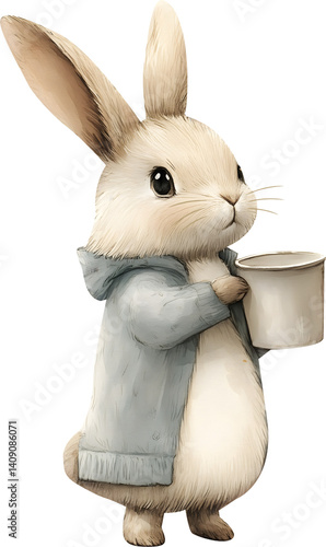 rabbit holding a bucket of milk watercolor vintage on transparent background. symbol happy easter png illustration AI-generated 
