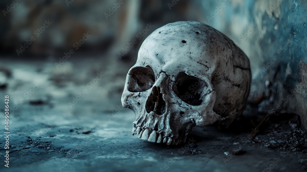 Skull On Concrete Floor Inside A Decaying Structure Showing Texture And Shadow With Gloomy Lighting Skull On Concrete Floor Inside A Decaying Structure Showing Texture And Shadow With Gloomy Lighting