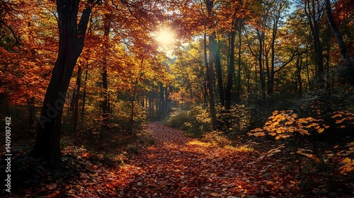 Sunlit Autumn Forest Path Through Golden Brown Fallen Leaves and Tall Trees